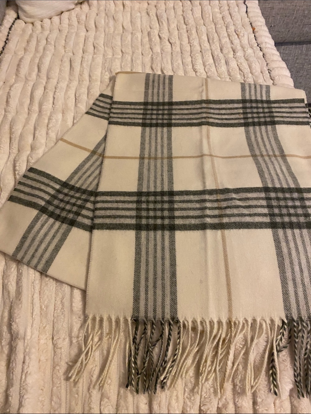 Lord & Taylor Cashmere Cream Plaid Scarf with Gray and Tan Stripes